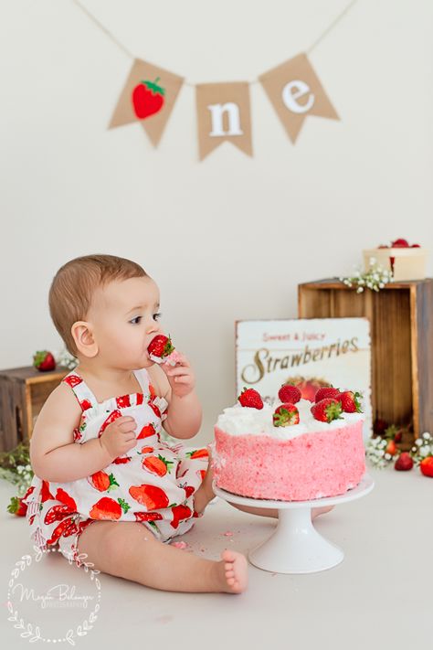 1st Birthday Photo Shoot Ideas Strawberry, Strawberry Shortcake Photoshoot 1st Birthdays, Berry Sweet One First Birthday Photo Shoot, Berry First Birthday Smash Cake Photos, Strawberries Birthday Theme, Strawberry Shaped Smash Cake, Berry Sweet 1st Birthday Photoshoot, Berry First Photoshoot, Strawberry One Year Old Pictures