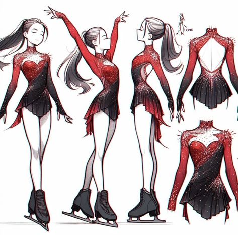 Figure Skating Poses Drawing Reference, Figure Skating Dresses Drawing, Drawing Ice Skating, Ice Skates Drawing, Red Ice Skating Dress, Ice Skating Outfit Competition, Ice Skating Art, Ice Skating Costumes, Figure Skating Competition Dresses