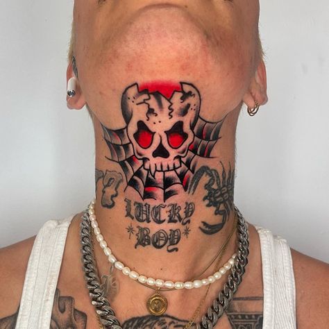 Traditional Neck Tattoo Men, Traditional Throat Tattoo, Throat Tattoo Men, Traditional Neck Tattoo, Front Neck Tattoo, Skull Ideas, Traditional Black Tattoo, Spider Web Tattoo, Throat Tattoo