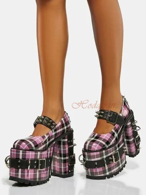 Super High Heels Rivet Sandals Round Toe High Platform Chunky Heels Buckles Sandals Sexy Designer Straps Pumps Women Shoes Print Pastel Platform Shoes, Pink Platform Boots, Rave Shoes, Kawaii Outfits, Dolls Kill Shoes, Plaid Shoes, Baby Heart, Leather Loafer Shoes, Platform Mary Janes