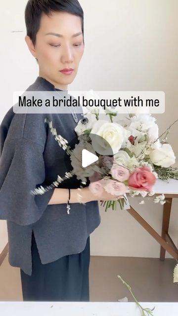 NYC Wedding and Events Florist on Instagram: "It’s full on wedding season. I had to un-train myself from the spiral technique when I first started making bridal bouquets this way. The most awkward part is holding the stems.. don’t hold too tight or you’ll start losing the shape and smushing stems and flower heads together. It takes some practice but give it a try 🥰 #flowerarranging #bridalbouquet #spiraltechnique #nycflorist #weddingflorist #eventflorist #flowerhowto #rachelchofloral" How To Make Bridal Bouquets Step By Step, How To Make A Bridal Bouquet, Bridal Bouquet Shapes, Making Bridal Bouquets, Nyc Florist, Heads Together, Bouquet Holder, The Spiral, White Wedding Flowers