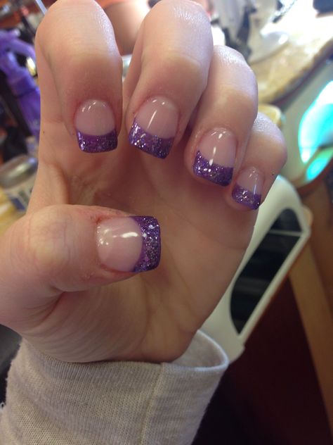 Spotlighted Purple Nail Designs Ideas 2023 Glittery Purple French Tip Nails, Glitter Tip Nails Acrylic, Purple Tip Acrylic Nails, Purple Sns Nails, Purple Manicure Ideas, Purple Tip Nails, French Acrylic Nail Designs, Navy And Silver Nails, Purple French Tips