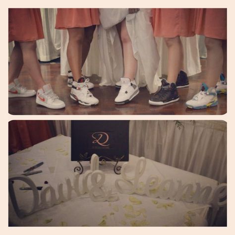 Groom and Bride loves their MJ shoes so why not have the bridal party wear their fav Micheal Jordan shoes as well. Clever. Groom Shoes, Wedding Shoes Bride, Creative Wedding Ideas, Wedding Dress Pictures, Princess Wedding, Sister Wedding, Dress Picture, Wedding Bells, Bride Groom