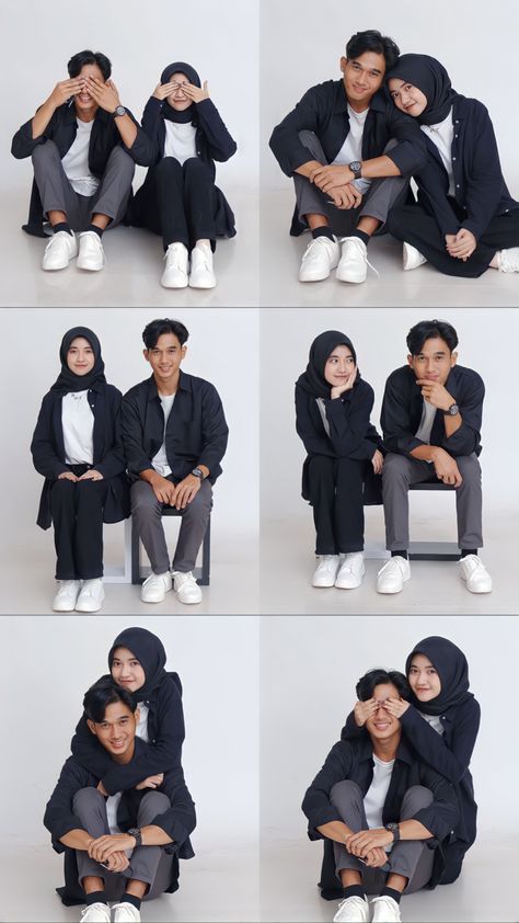 Couple Pose Studio Photo Ideas, Photo Studio Couple Pose, Couple Self Studio Photoshoot Ideas, Couple Self Photo Studio Ideas, Couple Self Photo Studio, Gaya Foto Couple Studio, Couple Poses Funny, Couple Photo Studio Ideas, Foto Coupel