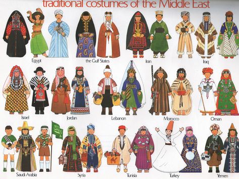 Traditional costumes of the Middle East Middle East Clothing, Middle Eastern Clothing, Timur Tengah, Middle Eastern Fashion, Medieval Clothing, Old Dolls, Folk Costume, The Middle East, Fantasy Clothing