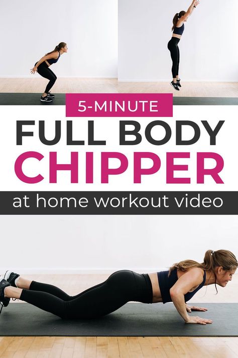 CHALLENGE yourself with this 5-Minute FULL BODY Workout! This is a chipper workout, which means we'll "chip away" at reps in our exercise list. So the first exercise we'll complete 50 reps, the 2nd we'll do 40, and so on! Chipper Workout, No Equipment Full Body Workout, Interval Training Workouts, Nourish Move Love, Daily Exercises, 7 Minute Workout, Cardio Exercises, Cardio Boxing, Home Workout Videos