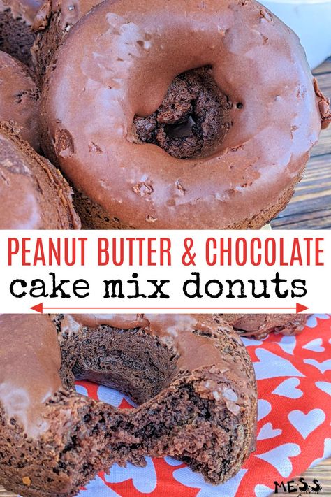 There is an easy shortcut to making Peanut Butter and Chocolate Cake Mix Donuts. Chocolate cake mix! It replaces the flour and helps make a thick, rich cake-like donut with a hint of peanut butter. With this recipe you can make donuts at home similar to those found in donut shops. Baked Cake Mix Donut Recipe, Simple Donuts, Cake Mix Donuts Recipe, Donuts At Home, Cake Mix Donuts, Donuts Chocolate, Making Peanut Butter, Homemade Baked Bread, Easy Donuts