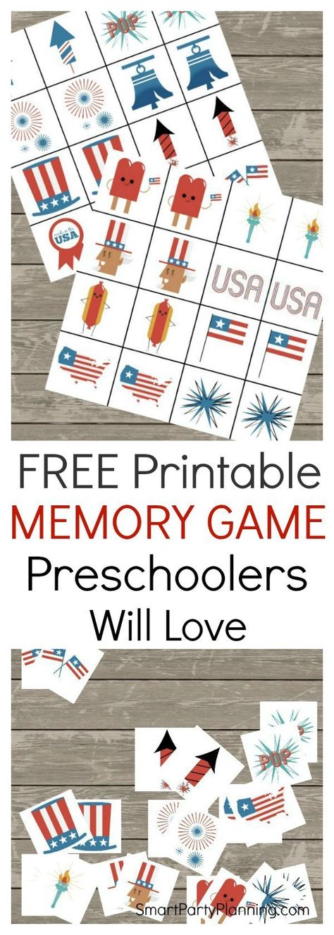 Preschoolers will have a lot of fun on the 4th July with this free printable memory game. Kids can play together or with the adults for some family fun.  With 32 matching cards, the game can be challenging using all the cards or made slightly easier with less. It’s holiday fun that everyone can enjoy. #4thJuly #Printable #Preschoolers Patriotic Preschool Activities, Memory Games For Adults, Printable Memory Game, Labor Day Crafts, Children Bible, Fourth Of July Crafts For Kids, Dollar Diy, 4th Of July Games, Elderly Activities