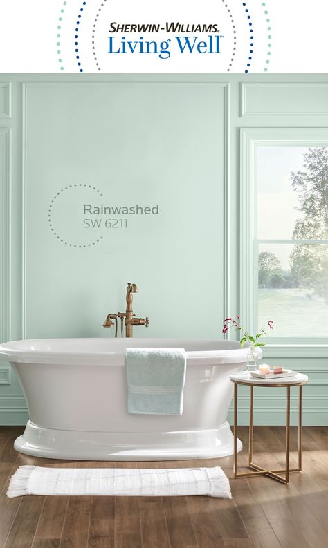 Help prevent the growth of mold and mildew on your bathroom walls thanks to SuperPaint® with Sanitizing Technology, one of two products from the Sherwin-Williams Living Well™ collection. Tap this pin to see all 540 neutral and mid-tone colors, including Rainwashed SW 6211 from the Recharge palette. #SWLivingWell #sherwinwilliams #recharge #paint #innovation #diy #colorinspiration Sw Rainwashed, Sherwin Williams Rainwashed, Rainwashed Sherwin Williams, Indoor Painting, Bathroom Wall Colors, Small Bathroom Paint, Paint Collection, Free Painting, Bathroom Paint