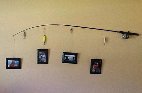 Made this for my daughter's room.  She wanted fishing decor.   I used her first fishing pole, her dad's old lures and recent pictures.  It cost $6.25. Fishing Pole Decor, Fishing Room Decor, Fishing Bedroom, Fishing Lures Display, Fishing Room, Fish Crafts, Picture Frame Art, Fishing Decor, Daughters Room