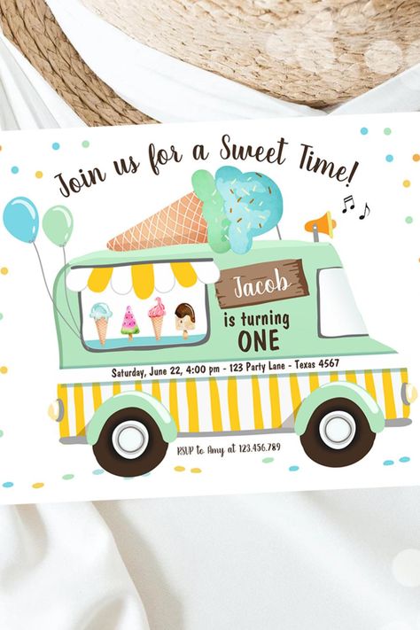 Ice Cream Truck Mint Blue Boy First Birthday Invitation Ice Cone, Birthday Party Summer, Summer Birthday Invitations, Birthday Ice Cream, Summer Party Invitations, Ice Cream Birthday, Boy Birthday Invitations, Blue Boy, Spring Party