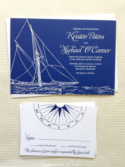 Nautical Sailboat Wedding Invitations for a yacht club wedding by Concertina Press Wedding On A Boat, Vintage Nautical Wedding, Sailboat Wedding, Original Wedding Invitations, Brown Wedding Invitations, Nautical Invitations, Nautical Wedding Invitations, Yacht Wedding, Boat Wedding