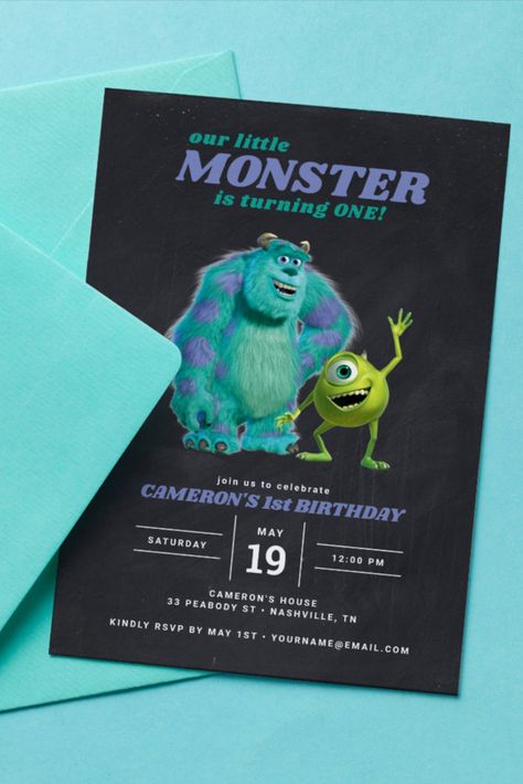 Chalkboard Monsters Inc. 1st Birthday Invitation Invite all your family and friends to your Baby's First Birthday with these sweet Monsters Inc. invitations. Personalize by adding all your party details! #birthday #happybirthday #birthdaycards #birthdayparty #firstbirthday Monsters Inc 1st Birthday, Monsters Inc Baby Shower, Monsters Inc Baby, Monster Inc Birthday, 1st Birthday Invitation, Monster Birthday, Disney Birthday, Toddler Birthday, 1st Birthday Invitations