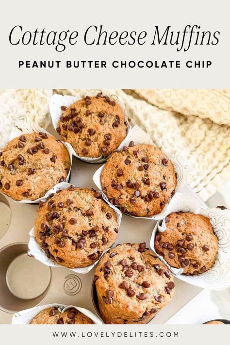 Peanut Butter Chocolate Chip Muffins come together in under 30 minutes. These high protein muffins are loaded with drippy peanut butter and cottage cheese. Cottage cheese makes these muffins moist and have the best texture. A delicious treat that is healthy enough for breakfast. Healthy Muffins High Protein, Protein Chocolate Chip Muffins Cottage Cheese, Protein Muffins Peanut Butter, Cottage Cheese Pumpkin Chocolate Chip Muffins, Cottage Cheese Banana Muffins Healthy, High Protein Breakfast Muffins Low Carb, Peanut Butter And Cottage Cheese, Protein Muffins Chocolate Chip, Chocolate Chip Cottage Cheese Muffins