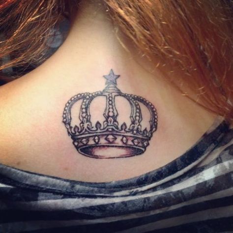 Crown With Star Tattoo On Girls back Crowns Tattoos, Simple Crown Tattoo, King Queen Tattoo, Queen Crown Tattoo, Rib Tattoos For Guys, Small Back Tattoos, Crown Tattoo Design, Hand Tattoos For Girls, Kunst Tattoos