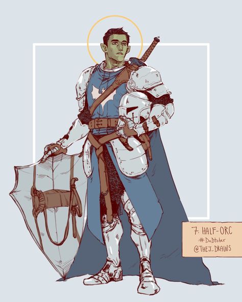 Dnd Researcher, Paladin Dnd Character Design, Dnd Paladin Art, Dnd Paladin Character Design, Orc Cleric, Half Elf Male, Half Orc Paladin, Paladin Dnd, Dnd Paladin