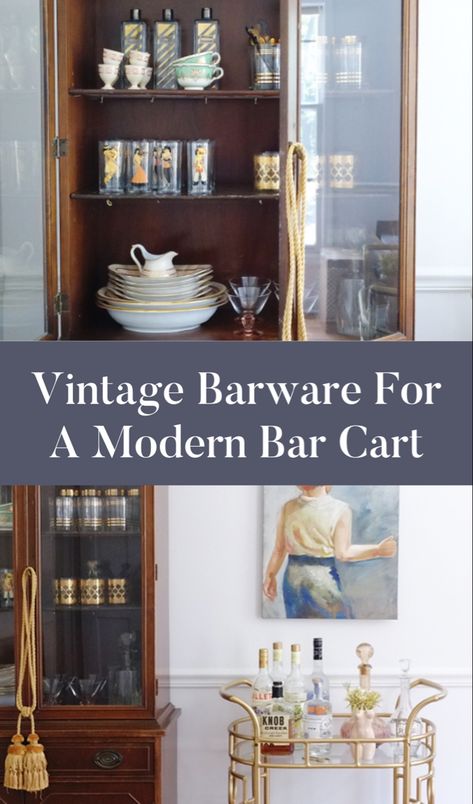 Vintage bar ware for modern bar cart Vintage Barware Display, Bar Cabinet Styling Ideas, Vintage Bar Cart Styling, Antique Bar Cabinet, Speakeasy Style, Cocktail Bar Cart, Brandy Old Fashioned, Small Bars For Home, Modern Bar Cart