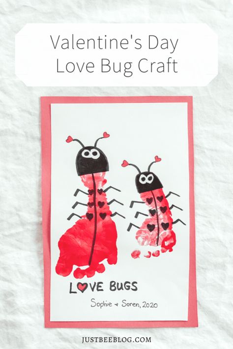 Valentine’s Day Love Bug Footprint Craft Love Bug Footprint, Bug Footprint, Newborn Crafts, Bug Craft, Little Crafts, Footprint Craft, February Crafts, Messy Crafts, Easy Valentine Crafts