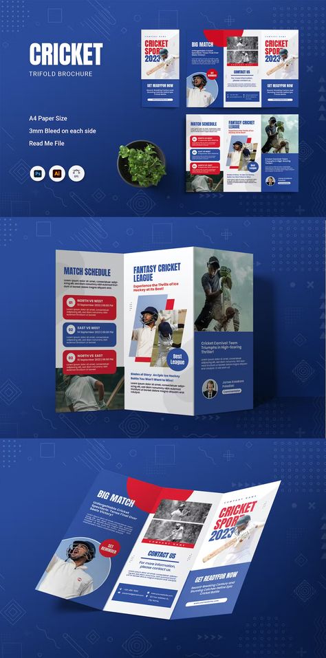 Cricket Trifold Brochure Template AI, EPS, PSD Creative Trifold Brochure, Sports Brochure, Cricket Logo, Brochure Design Layouts, Brochure Psd, Brochure Ideas, Trifold Brochure Design, Sport Banner, Bi Fold Brochure