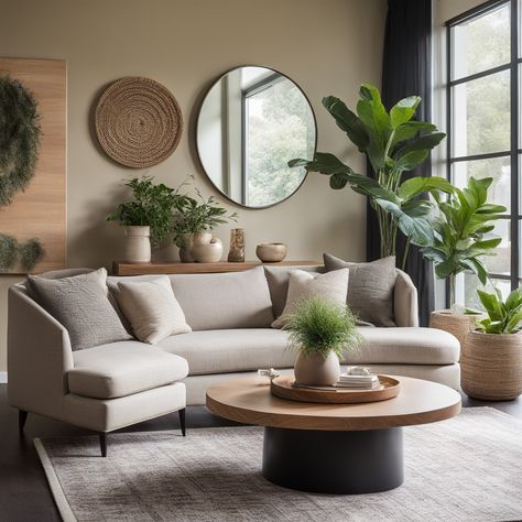 🛋️ Cozy corner couch with off-white cushions, 🌿 lots of greenery from small potted plants to a tall leafy one, 🖼️ simple wall art, big round mirror, 🔄 round coffee table, and 🌞 natural light pouring in from a big window. Warm and stylish vibe! ✨ #odastudioAI #odaAIstudio #odastudio  #livingroomdecor #modernlivingroom #livingroomdesign #cozylivingroom #livingroomstyle #neutraldecor #plantdecor #livingroomfurniture #minimalistlivingroom #homedecorideas Big Round Mirror Living Room, Living Room Inspo Cozy, Round Mirror Living Room, Room Inspo Cozy, Bohemian Chic Living Room, Cheap Couch, Earthy Living Room, Round Table Decor, Corner Couch