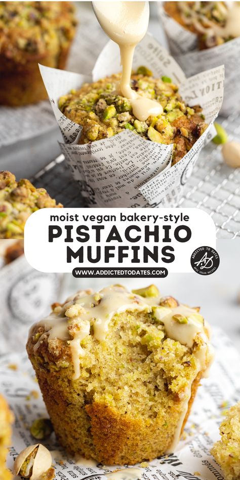 pistachio muffins in tulip paper liners with pistachio crumble and vanilla glaze poured on top. Muffin Vegan, Vegan Pistachio, Pistachio Cake Recipe, Pistachio Muffins, Pistachio Recipes, Dessert Original, Vegan Baking Recipes, Vegan Muffins, Pistachio Cake