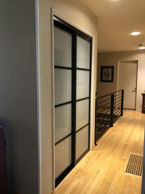 Black Glass Closet Doors, Hall Closet Doors Hallways, Black Sliding Closet Doors, Frosted Glass Closet Doors, Aluminum Sliding Door, Frosted Glass Barn Door, Closet Sliding Door, Sliding Glass Closet Doors, Modern Closet Doors