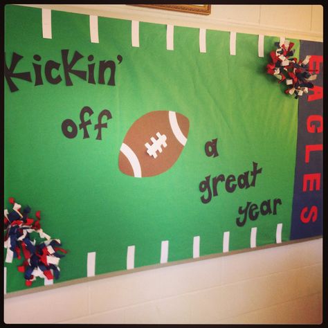 Back to School tomorrow Back To School Pe Bulletin Boards, Hockey Bulletin Board Ideas, Sports Bulletin Board Ideas Hallways, Pe Bulletin Boards Middle School, School Spirit Bulletin Boards, Pe Bulletin Boards Elementary, Football Bulletin Board Ideas, Gym Bulletin Board Ideas, School Counselor Door Decorations