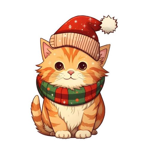 Cat Santa Hat, Cartoon Cat Drawing, Christmas Comics, Sticker Christmas, Anime Christmas, Christmas Card Art, Ginger Cat, Scrapbook Art, Cat Holidays