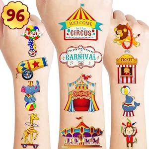 96PCS Carnival Circus Colorful Animals Temporary Tattoos Theme Birthday Party Decorations Supplies Favors Decor Cute Ticket Booth Clown Tattoo Stickers Gifts For Games Kids Boys Girls Prizes Christmas Gifts For Games, Carnival Tickets, Temporary Decorating, Clown Party, Ticket Booth, Carnival Circus, Clown Tattoo, Tattoo Themes, Games Kids