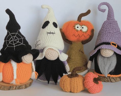 Ghost Gnome, Crocheted Halloween, Pumpkin Gnome, Crochet Pour Halloween, Witch Gnome, Scary Halloween Decorations Diy, Halloween Gnomes, Purple Witch, Crochet Halloween