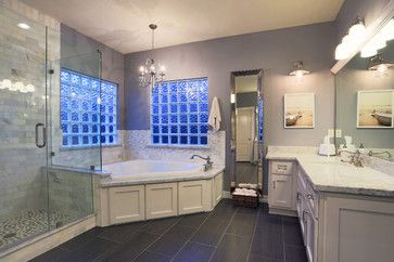 Bathroom Design Ideas, Pictures, Remodel and Decor Corner Tub Master Bath, Bathroom With Corner Tub, Tub Decor Master Bath, Corner Tub Shower Combo, Bath Styles, Corner Tub Shower, Small Bathroom Sinks, Corner Bath, Corner Tub