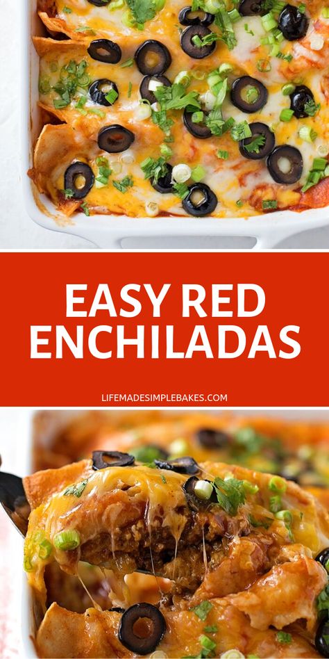 Easy red enchiladas filled with seasoned ground beef and a blend of cheddar and Monterey jack cheese. These flavorful enchiladas are always a hit! #redenchiladas #enchiladas #mexicanrecipes #beefenchiladas Enchiladas Mexicanas, Enchiladas Beef, Ground Beef Enchiladas, Seasoned Ground Beef, Red Enchiladas, Red Enchilada Sauce, Beef Enchiladas, Enchilada Recipes, Monterey Jack