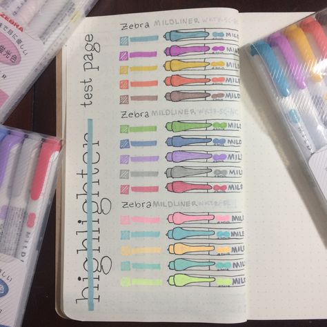 Bullet Journal. ZEBRA Mildliner Highlighter Test Page. Zebra Mildliner Aesthetic, Zebra Mildliner Highlighters, Mildliner Drawing Ideas, Mildliner Highlighters Aesthetic, Mildliner Art, Midliner Pens, Page Bullet Journal, Highlighter Swatches, Pen Test