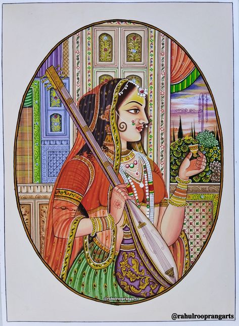 Rajasthani miniature painting. Rajasthani princess with a veena. Poster colour on A3 size paper. Instagram- @rahulrooprangarts //Rahul kumar gupta// Painting Rajasthani, Rajasthani Miniature Paintings, A3 Size Paper, Indian Traditional Art, Potrait Painting, Rajasthani Painting, Indian Miniature, Poster Color Painting, Modern Indian Art