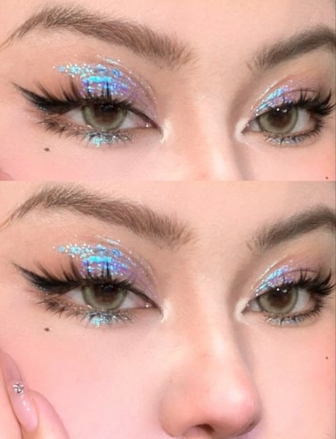 Pretty Glam Makeup, Opal Makeup Look, Colorful Natural Makeup, Holo Eye Make Up, Icy Winter Makeup, Aquarius Makeup Aesthetic, Out Of This World Makeup, Lavender Smokey Eye, Blue Iridescent Eye Makeup