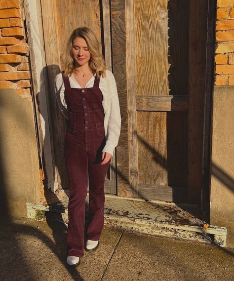 Maroon Overalls Outfit, Fall Bib Front Overalls With Suspenders, Burgundy Overalls, Orange Overalls Layered, Vintage Dark Wash Bib Front Overalls, White Doc Martens, Corduroy Overalls, Burgundy Sweater, White Cardigan