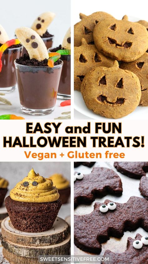 Gluten free Vegan Halloween Treats Vegan Gluten Free Halloween Treats, Vegan Halloween Treats Easy, Vegan Halloween Snacks For Party, Allergy Safe Halloween Treats, Vegan Gluten Free Halloween Recipes, Gluten Dairy Free Halloween Treats, Halloween Food Gluten Free, Gluten And Dairy Free Halloween Treats, Vegan Halloween Baking