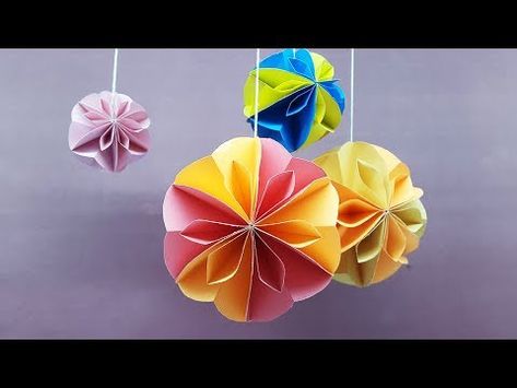 Paper Balls Hanging, Easy Flower Tutorial, Diwali Lantern, Making Origami, Paper Flower Ball, Paper Flower Wall Art, Paper Ball, Origami Ornaments, Honeycomb Decorations