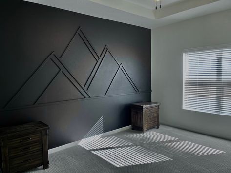 Feature Wall Mountains, Mountain Accent Wall Bedroom, Mountain Trim Accent Wall, Mountain Accent Wall Wood, Mountain Accent Wall Nursery, Mountain Themed Bedroom, Mountain Accent Wall, Black Wall Ideas, Wood Trim Accent Wall