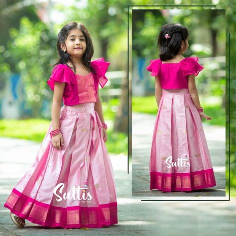 Kids Skirt Top Designs, Kids Crop Top Lehenga Designs, Crop Top Lehenga For Kids, Skirt And Blouse For Kids, Silk Frocks For Kids, Crop Top Models, Baby Pink Skirt, Onam Outfits, Crop Tops For Kids