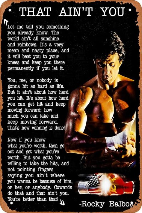 Amazon.com: Zunseyu Vintage Tin Sign Rocky Balboa Quote Motivational Movie Poster for Cafe Bar Gym Club Office Man Cave Bedroom Home Wall Art Decor Man Gift Retro Metal Sign 12 X 8 inch : Home & Kitchen Rocky Balboa Quotes, Man Cave Bedroom, What I Like About You, Gym Club, Retro Metal Signs, Rocky Balboa, Warrior Quotes, Keep Moving Forward, Lesson Quotes