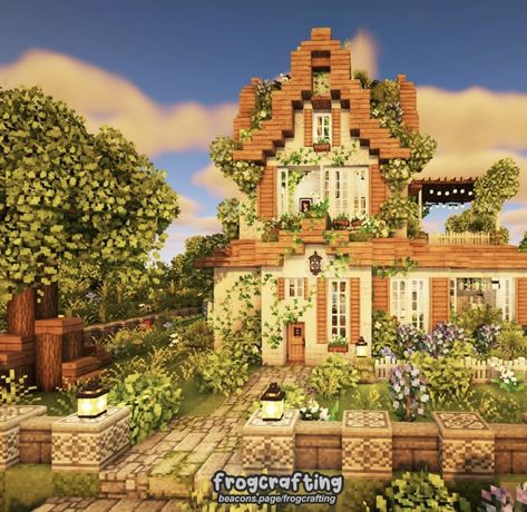 Things To Build In Minecraft Cottagecore, Light Academia Minecraft House, Earthy Minecraft House, Minecraft Cottagecore House Ideas, Cute Pink Minecraft House Vanilla, Cute Vanilla Minecraft Houses, Strawberry Miguel O Hara, Minecraft House Cottagecore, Cute Minecraft Homes