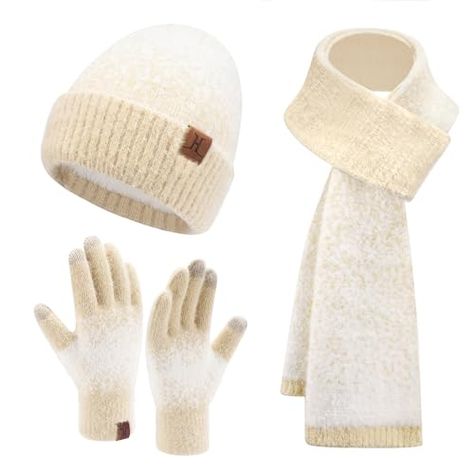 Womens Winter Knit Beanie Hats and Touchscreen Gloves Long Scarf Set with Warm Fleece Lined Skull Caps Gloves Scarves for Women Gloves Long, Womens Winter, Winter Hats Beanie, Touch Screen Gloves, Knit Mittens, Winter Hats For Women, Winter Beanie, Knit Beanie Hat, Scarf Set