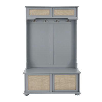 This classic entryway hall tree offers shoe bench, large storage compartment, coat rack, and open shelves in a beautiful 4-in-1 package. You can effortlessly organize your entryway space without purchasing multiple pieces of furniture. Color: Gray | Latitude Run® Casual Style Hall Tree Entryway Bench w / Rattan Door Shelves & Shoe Cabinets | 64.5 H x 40 W x 18.5 D in | Wayfair Diy Entryway Bench With Storage, Entryway Bench With Storage, Classic Entrance, Hall Tree Entryway, Rattan Door, Hall Tree Bench, Entryway Hall Tree, Hall Tree With Storage, Shoe Cabinets