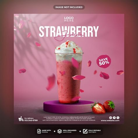 PSD strawberry juice social media post t... | Premium Psd #Freepik #psd Juice Social Media Post, Juice Ad, Post Template Design, Social Media Mockup, Strawberry Juice, Social Media Post Template, Berry Juice, Strawberry Milkshake, Poster Design Inspiration