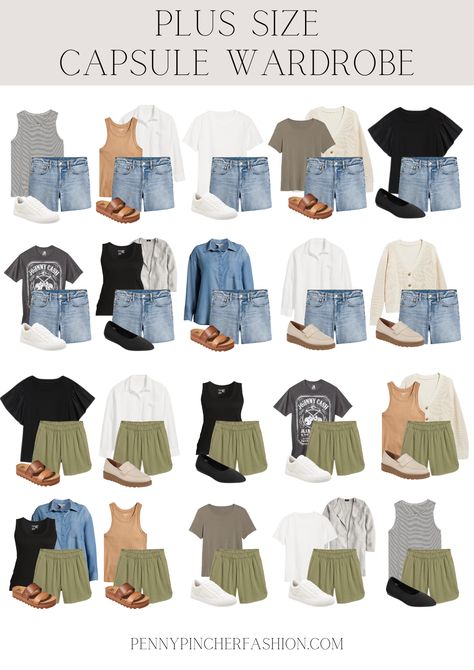 Plus Size Capsule Wardrobe Summer, Capsule Wardrobe Plus Size, Casual Wardrobe Essentials, Plus Size Capsule, Travel Capsule Wardrobe Summer, Plus Size Capsule Wardrobe, Create Capsule Wardrobe, Redo Clothes, Penny Pincher Fashion