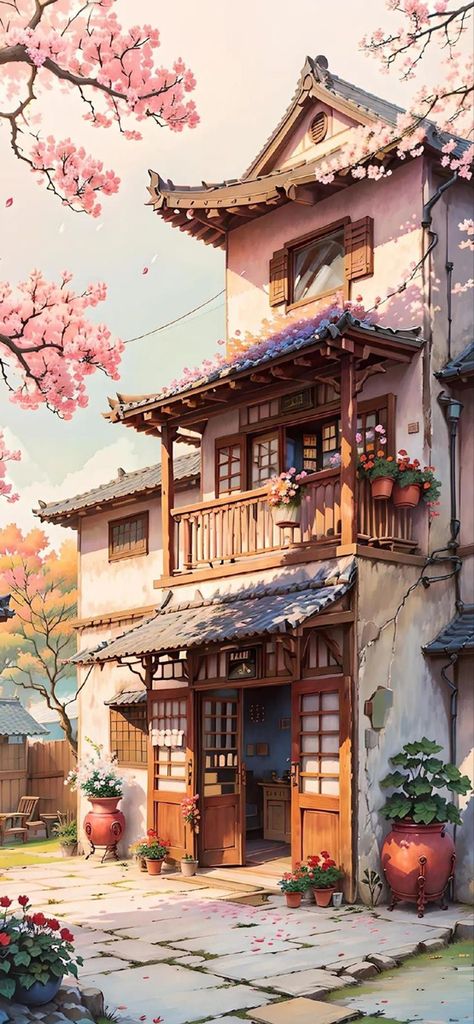 Anime House Wallpaper, Japan House Aesthetic, Japan Landscape Wallpaper, Japanese House Painting, Classical Art Wallpaper, Japanese House Aesthetic, Japanese Scenery Art, Japan Anime Art, Anime Background Art