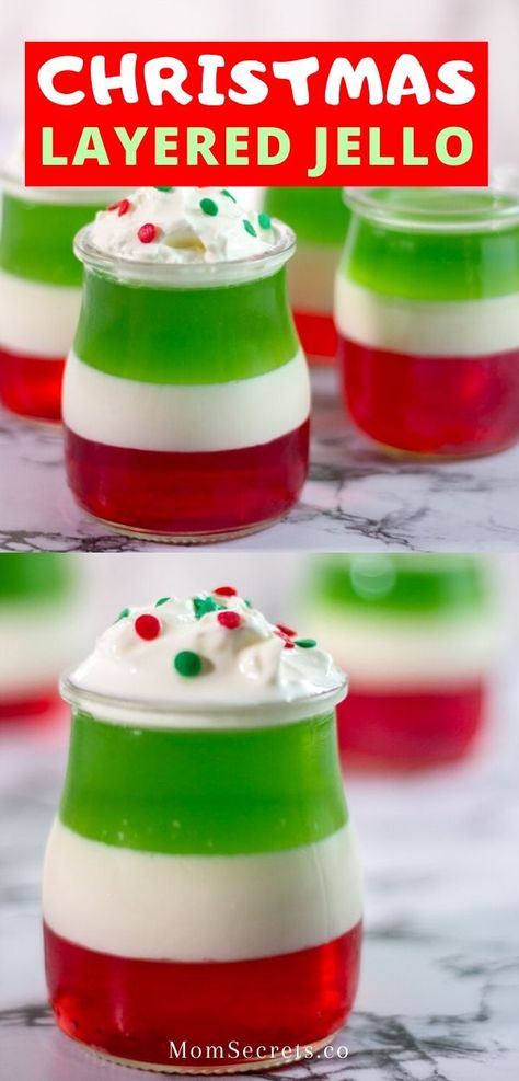 Layered Christmas Jello cups with sugar-free and keto-friendli options, are fun, festive and easy to make for holiday parties! #christmasdinner Christmas Jello Desserts, Jello Deserts Ideas Easy Recipes, Christmas Jello Recipes, Layered Jello Salad, Jello Recipes Christmas, Layered Jello Dessert, Layered Jello Recipe, Christmas Jello Shots, Christmas Jello