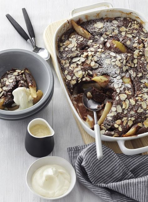 Chocolate and Spiced Pear Pudding - Dish Pear Pudding, Dish Magazine, Pear Bread, New Zealand Food, Spiced Chocolate, Spiced Pear, Artisan Food, Chocolate Pudding, Sliced Almonds