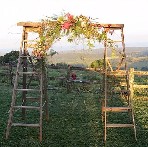 Different idea for an alter Vintage Ladder, Tropical Wedding Flowers, Rustic Vintage Wedding, Wedding Arbour, Event Planning Tips, Wedding Hire, Bay Wedding, Diy Wedding Flowers, Wedding Show